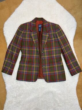 Gap vintage 90’s multicolor olive green plaid wool tailored blazer